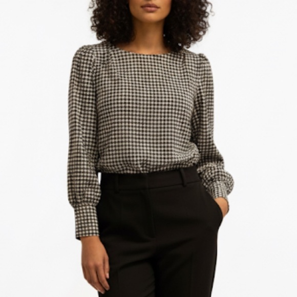 Academia RW&CO. Houndstooth Long Sleeve Blouse | Preppy Office Chic Minimalist - Picture 1 of 6